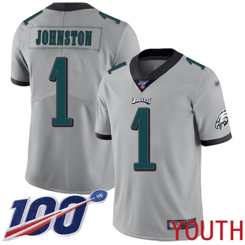 Youth Philadelphia Eagles #1 Cameron Johnston Limited Silver Inverted Legend NFL Jersey 100th Season